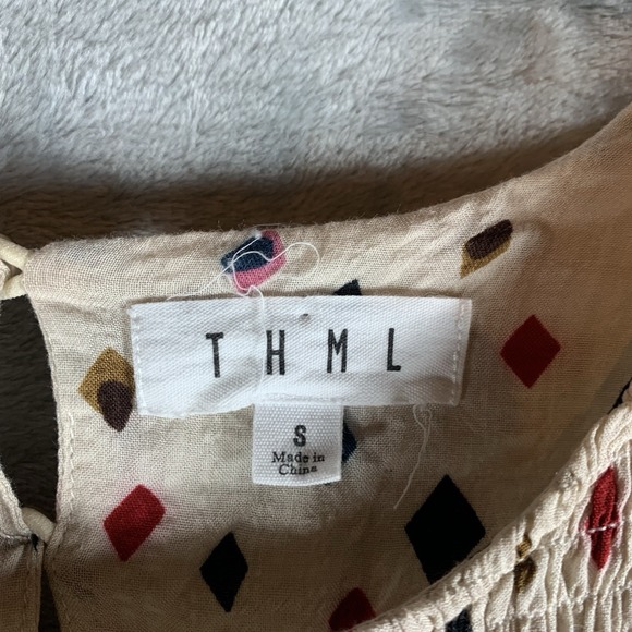 THML Womens Dress S Midi Smocked Geometric Print Ruffle Cap Sleeve Ivory Pockets - Picture 7 of 13